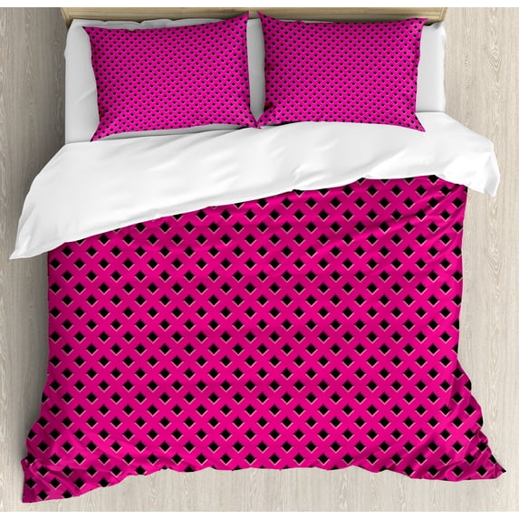 Magenta Duvet Cover Set, Diamond Check Design Digital Motif Geometric Modern Style Illustration Print, Decorative 3 Piece Bedding Set with 2 Pillow Shams, Queen Size, Fuchsia and Black, by Ambesonne