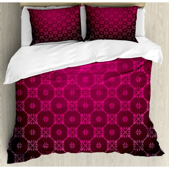 Magenta Duvet Cover Set, Medieval Style Endless Bound Square Shaped Striped Middle Age Damask Motifs Print, Decorative 3 Piece Bedding Set with 2 Pillow Shams, Calking Size, Magenta, by Ambesonne