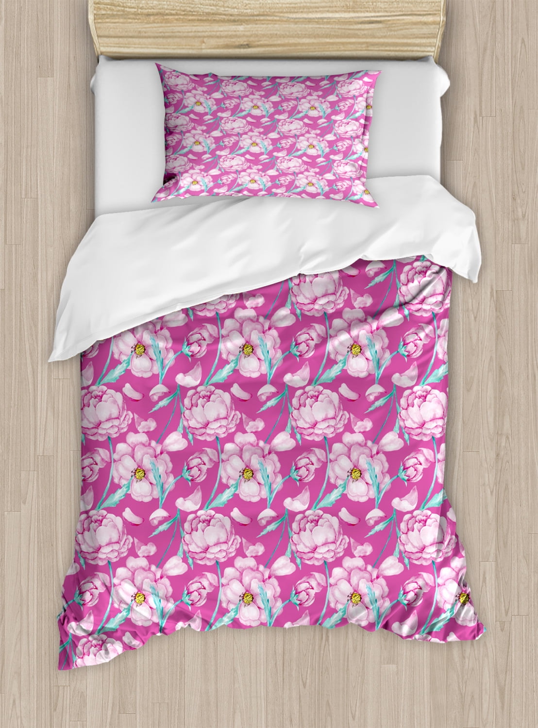 Magenta Duvet Cover Set, Peony Flowers Blossom in Vibrant Colors