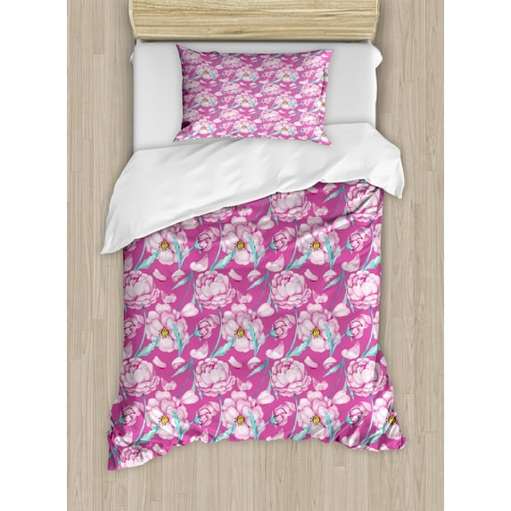Magenta Duvet Cover Set, Peony Flowers Blossom in Vibrant Colors Watercolor Japanese Feminine Bouquet Art, Decorative 2 Piece Bedding Set with 1 Pillow Shams, Twin Size, Hot Pink, by Ambesonne