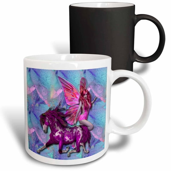 3drose, Magenta Fantasy Stallion and Pink Fairy, Blue and Pink Background Fantasy, 11oz Magic Transforming Mug