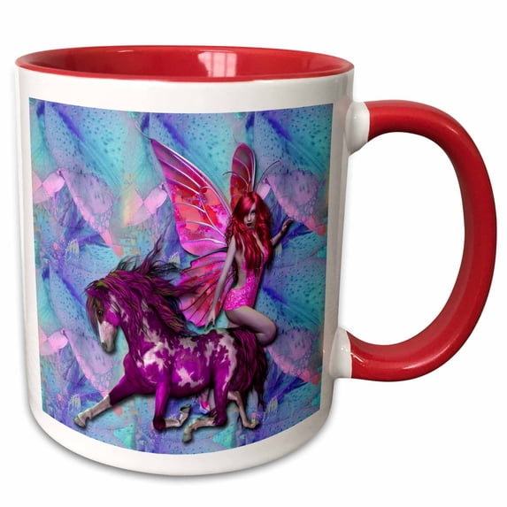 3drose, Magenta Fantasy Stallion and Pink Fairy, Blue and Pink Background Fantasy, 15oz Two-tone Red Mug