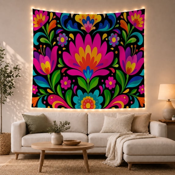 Magenta Flower Among Mirrored Tulips and Daisies, Playful Folk Art for Flower Lovers, Botanical Wall Art, Housewarming Gift, Tapestry Wall Hanging for Bedroom and Living Room