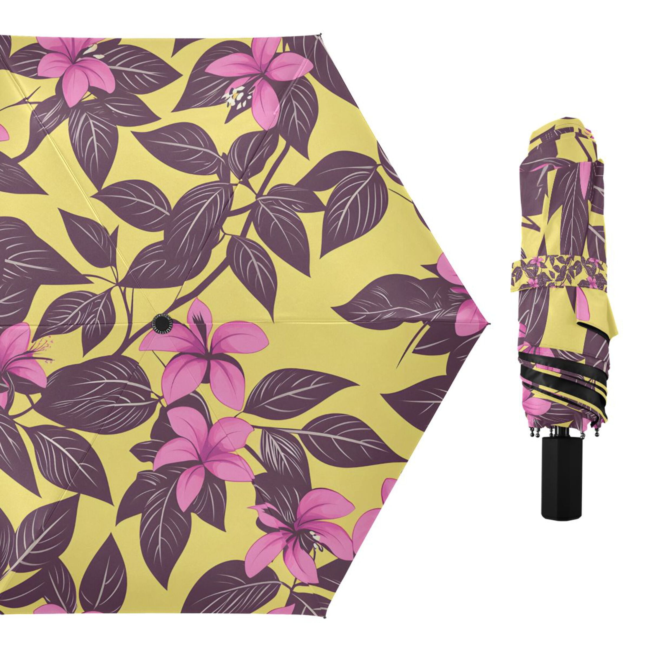 Magenta Flower and Purple Leaves Compact Sun Umbrella Windproof Travel Umbrellas for Rain Strong Portable UV Protection