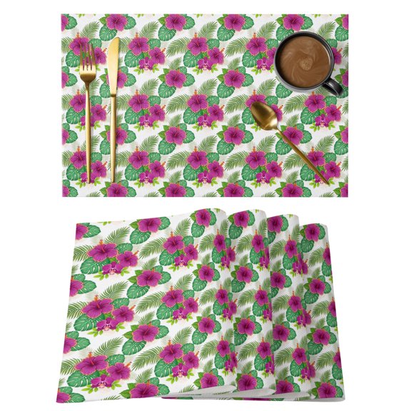 Magenta Hibiscus Flowers Placemats Set of 1, Summer Tropical Monstera Leaf Rustic Non-Slip Place Mats Washable Table Mats for Kitchen Dining Table Decorations Indoor/Outdoor