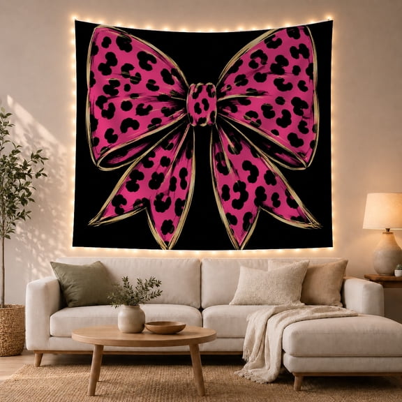 Magenta Leopard Bow on Black, Dramatic Maximalist for Fashion Enthusiasts, Animal Print Art Decor, Birthday Gift, Tapestry Wall Hanging for Bedroom and Dorm