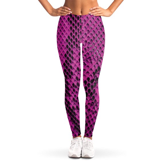 Magenta Pink And Black Snakeskin Print Leggings, Python Snake Sexy Yoga Leggings For Women.