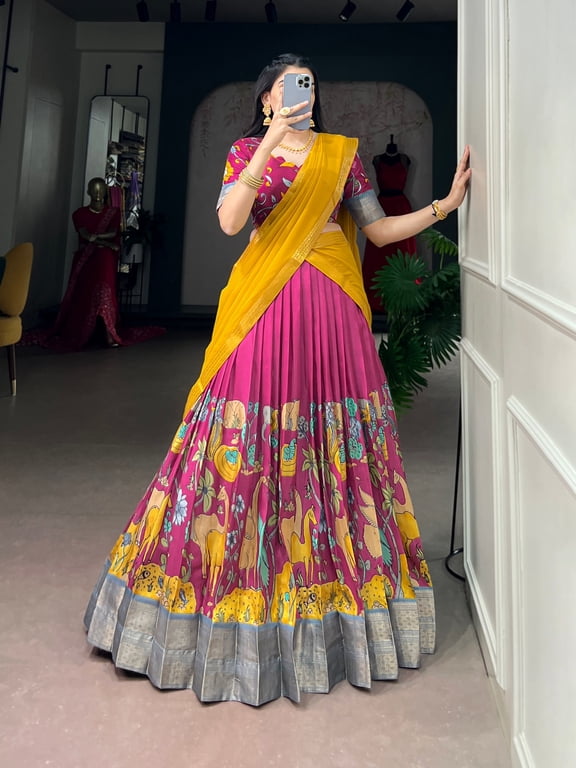 Magenta Pink Dola Silk Lehenga Choli for Women, Kalamkari Print Stitched Lehenga with Zari Weaving Border, Unstitched Blouse & Georgette Dupatta, Festive Wear