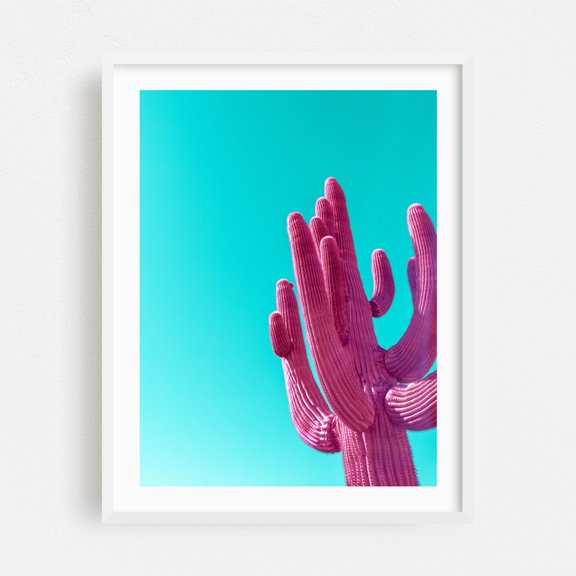 Magenta Pink Saguaro - Phoenix Arizona Photography Cactus Surrealism Desert Psychedelic Abstract Modern Art Minimalist White Framed Wall Art Print 5 x 7 inches