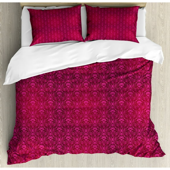 Magenta Queen Size Duvet Cover Set, Monochrome Flourishing Flowers with Leaves Pattern Royal Garden Design, Decorative 3 Piece Bedding Set with 2 Pillow Shams, Magenta and Purple, by Ambesonne