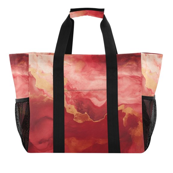 Magenta Red Marble Reusable Grocery Bags with Handle Side Pocket Waterproof Shopping Portable Tote