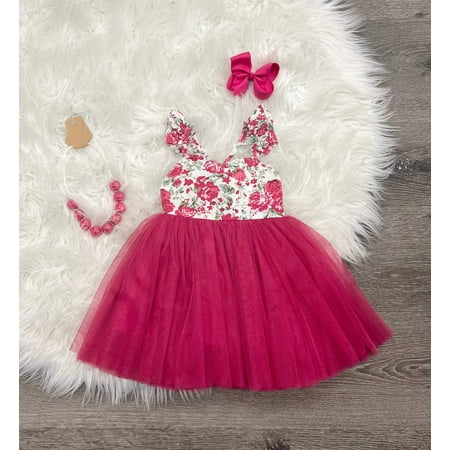 Magenta Ruffle Sleeve Tulle Dress