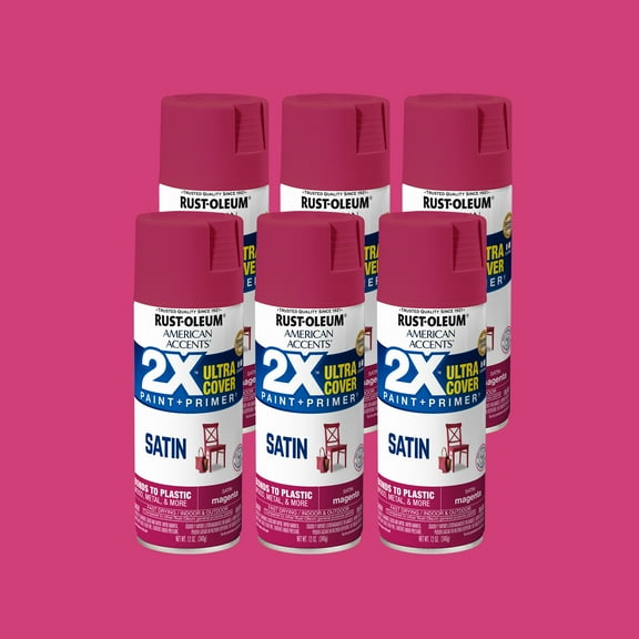 6 Pack, Magenta Rust-Oleum American Accents 2X Ultra Cover Satin Spray Paint-327949, 12 oz