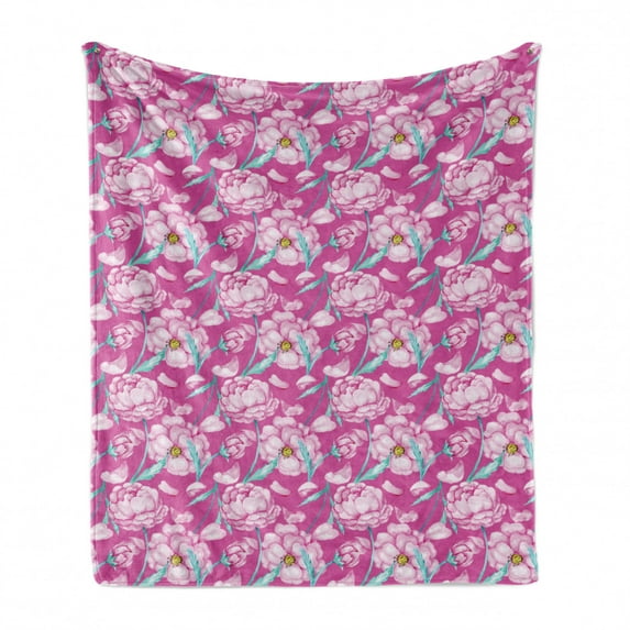 Magenta Soft Flannel Fleece Throw Blanket, Peony Flowers Blossom in Vibrant Colors Watercolor Japanese Feminine Bouquet Art, Cozy Plush for Indoor and Outdoor Use, 50" x 70", Hot Pink, by Ambesonne