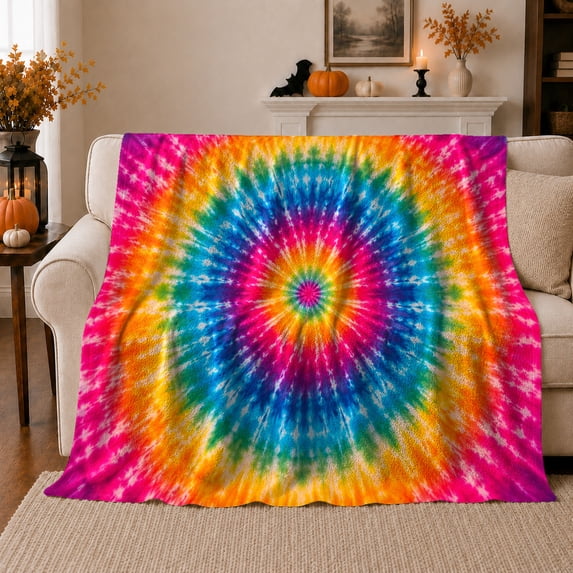 Magenta Tie Dye Sofa Scene, Bold Retro Boho Style for Tie Dye Lovers, Rainbow Sunburst Mantel Theme and Halloween Gift, Warm Flannel Blanket for Bedroom Living Room, Home Decor