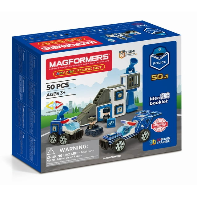 Magformers Amazing Police 50 Pieces, Wheels, Blue red colors, Magnetic Geometric tiles STEM Toy Ages 3+