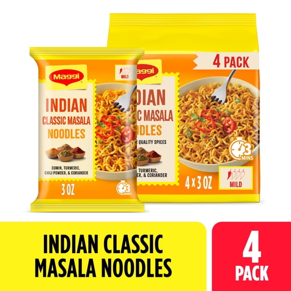 Maggi Classic Indian Masala Noodles, Instant Noodles, 3 min Indian Noodles, Mildly Spicy, 4PK 12.5 oz