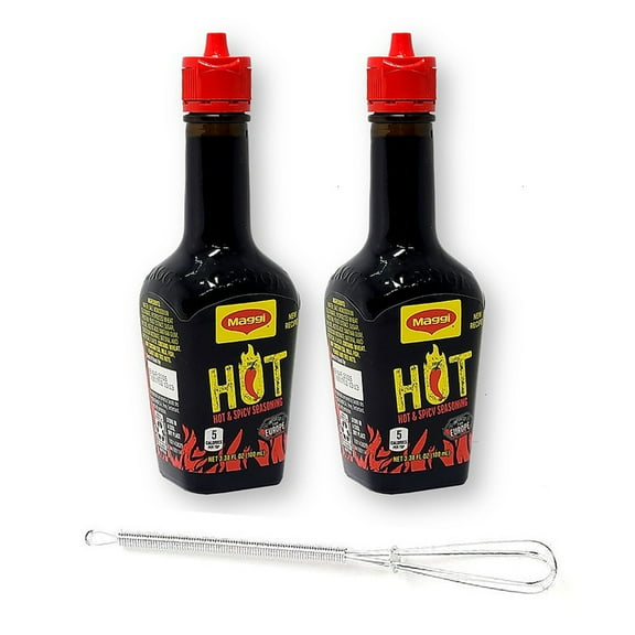Maggi Europe HOT & SPICY Liquid Seasoning 3.38 oz. X 2 Bottles with 1 Bonus Mini Stainless Steel Whisk
