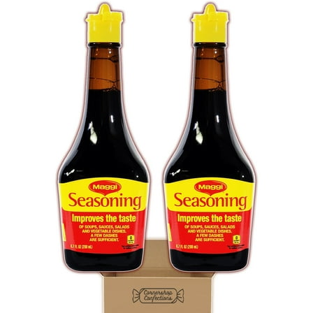 Maggi Seasoning 2 Bottle Bundle Pack - 2 6.7 Ounce Bottles of Maggi Seasoning Sauce to Improve Tastes of Soups, Sauces, Vegetables in Just a Few Dashes in Cornershop Confections Pack