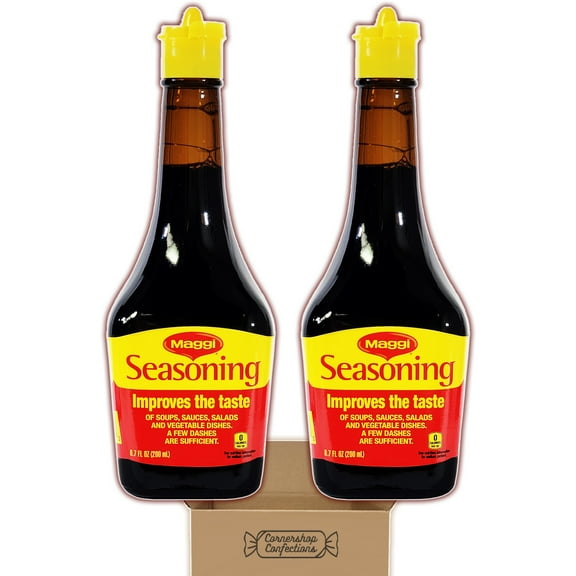 Maggi Seasoning 2 Bottle Bundle Pack - 2 6.7 Ounce Bottles of Maggi Seasoning Sauce to Improve Tastes of Soups, Sauces, Vegetables in Just a Few Dashes in Cornershop Confections Pack