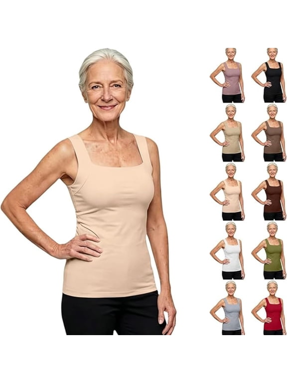 Maggie's Tanks Women's Square Neck Tank Top with Built-In Bra, Wide Strap Shelf Bra Cami