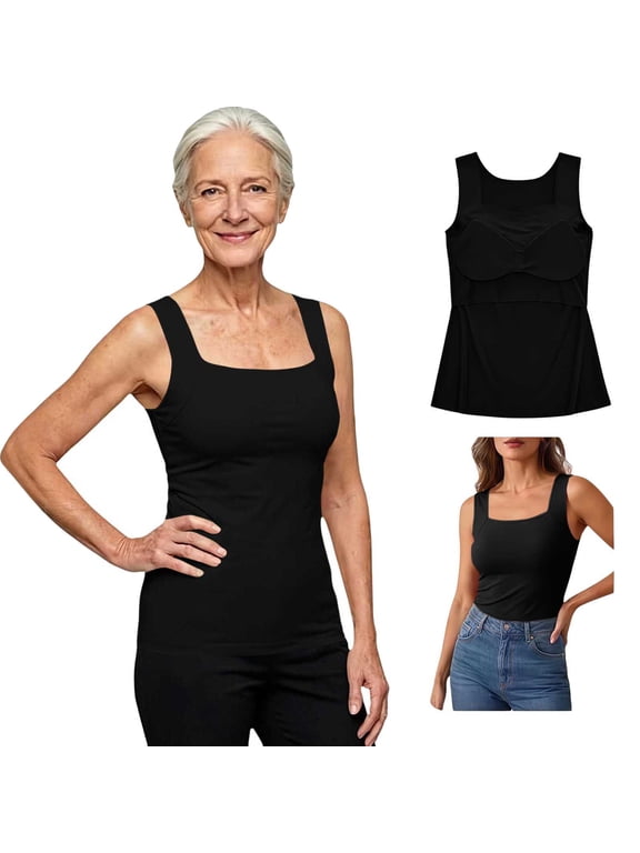Tanks Built In Bra For Women Sleeveless Wide Strap Camisole, Padded Seamless Shaping Camisole Soft Smoothing Oversized Cami Shelf Bra Loose Fit Plus Size Tanktops