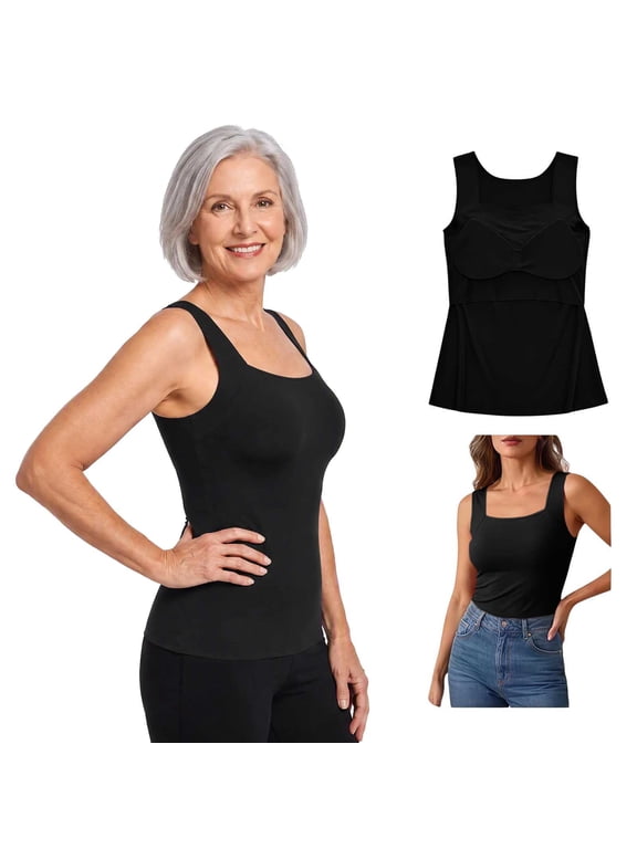 Maggies Tanks Built In Bra For Women Sleeveless Wide Strap Camisole, Padded Seamless Shaping Camisole Soft Smoothing Oversized Cami Shelf Bra Loose Fit Plus Size Tanktops