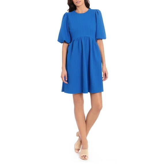 Maggy London Boat Neck Puff Short Sleeves Back Zipper Short Knit Dress-BLUE / 2