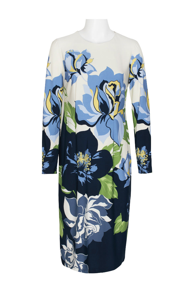 Maggy London Crew Neck Long Sleeve Floral Print Bodycon Jersey Dress-IVORY  BLUE / 18 - Walmart.com