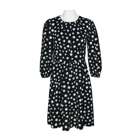 Maggy London Crew Neck pleated Banded Waist Elastic Cuffed 3/4 Sleeve Multi print Zipper Back Fit & Flare Crepe Dress-BLACK / 0