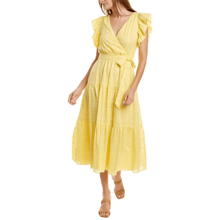 Maggy London Women s Ruffle Sleeve Surplice Tiered Midi Dress Yellow Size 0 NWT