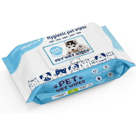 MagiCare Clean & Groom Pet Wipes, Unscented, Hypoallergenic, 8x8 Inch - 1 Packs 100, Ultra Soft Dog & Cat Wipes for Paws, Ears, Face, and Skin