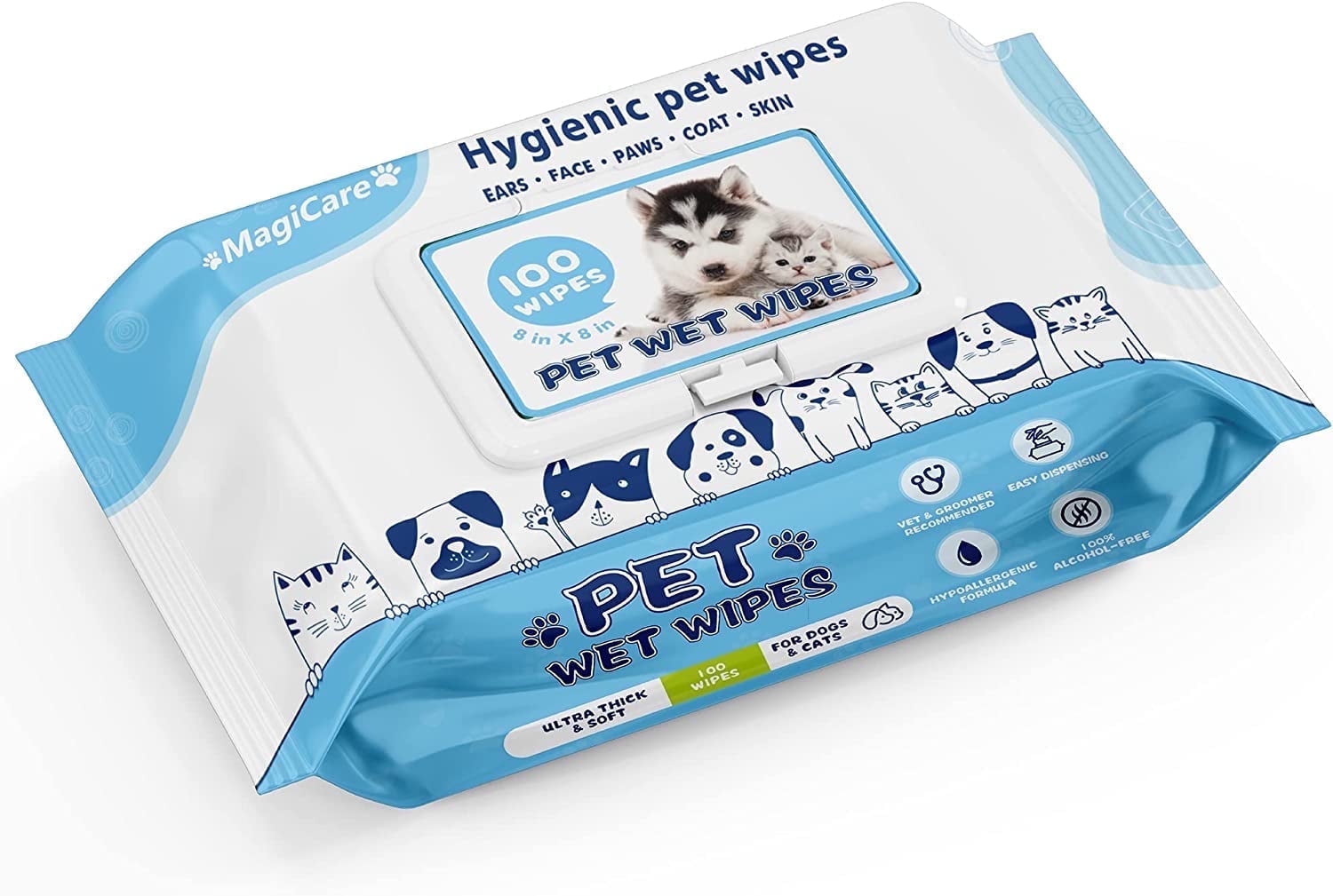 Toallitas de limpieza y aseo MagiCare para mascotas, sin fragancia, hipoalergénicas, de 8x8 pulgadas, 1 paquete de 100, ultra suaves para patas, orejas, cara y piel