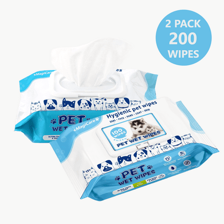 MagiCare Clean & Groom Pet Wipes, Unscented, Hypoallergenic, 8x8 Inch - 2 Packs (100ct Each, 200ct), Ultra Soft Dog & Cat Wipes for Paws, Ears, Face, and Skin