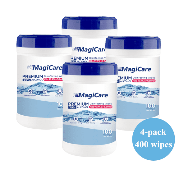 MagiCare Hand Sanitizer Wipes, Unscented, 75% Alcohol, Large Wipes - 4 Canisters (100ct Each, 400ct) - Home, Travel, Classroom, Camping