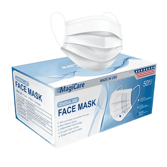 MagiCare USA White Face Masks 3 Layers of Protection Face Mask for Adults - 50ct Box