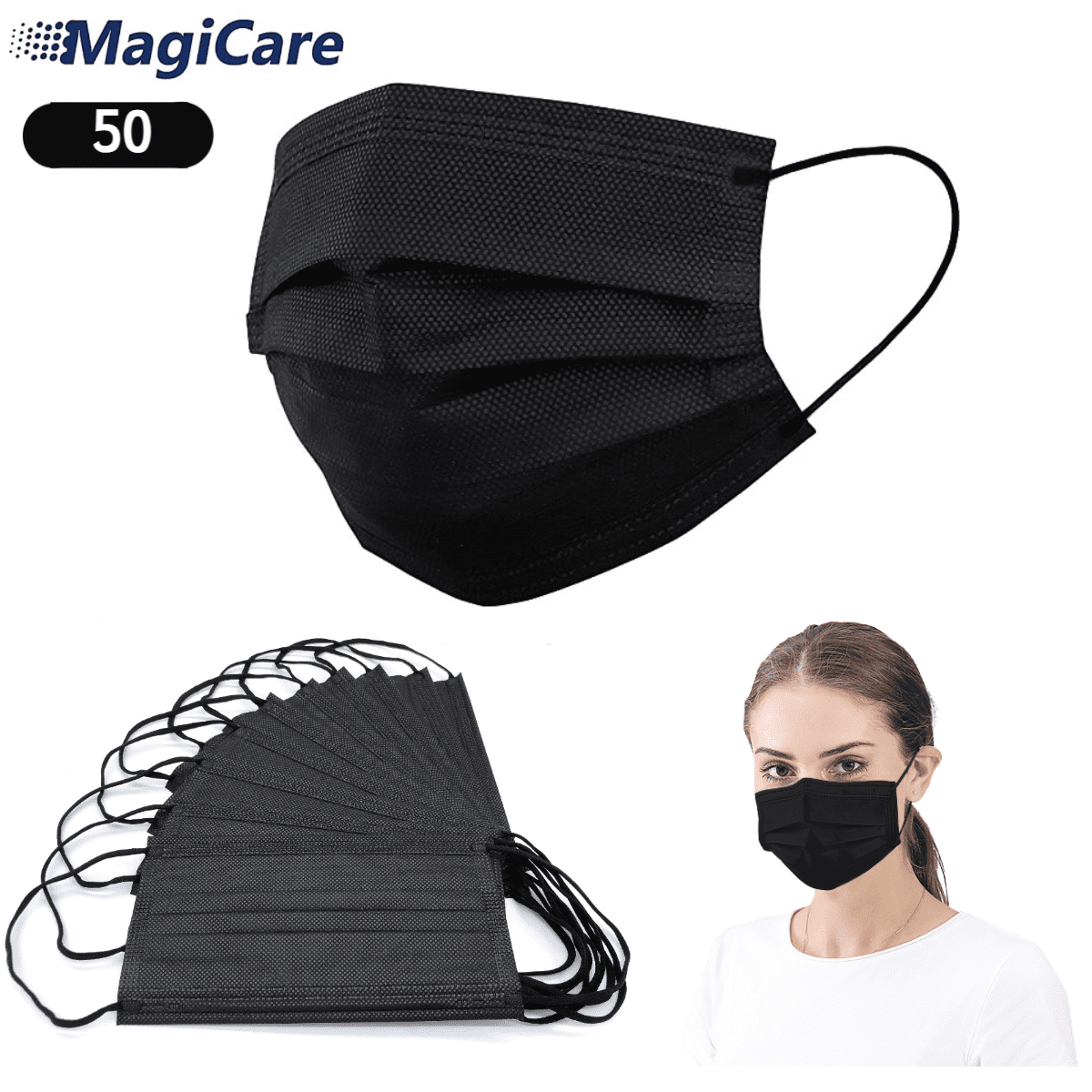MagiCare Protective Black Face Masks - Breathable Face Mask for Adults - 50ct