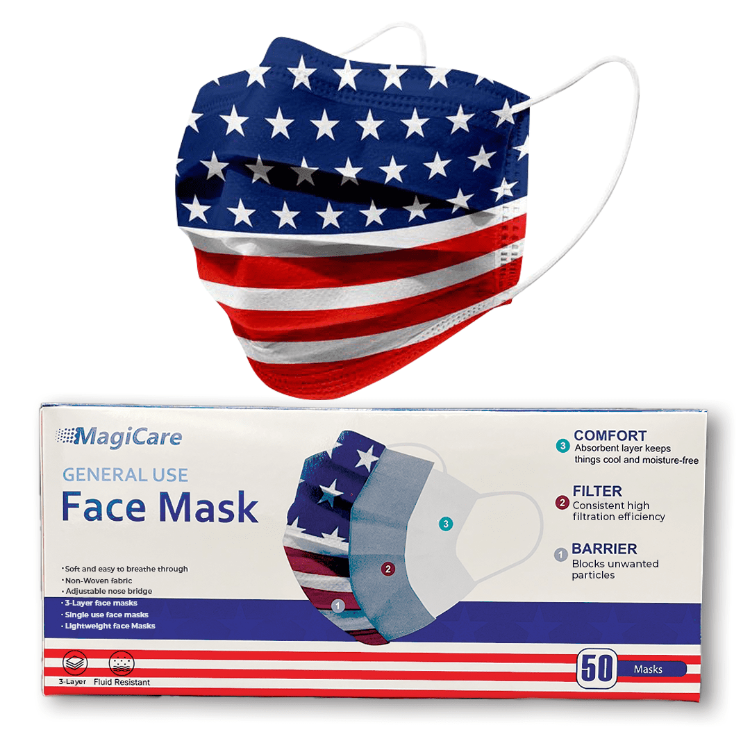 MagiCare Protective Face Masks - Breathable 3 Layers of Protection American Flags Design Face Mask for Adults - 50ct Box