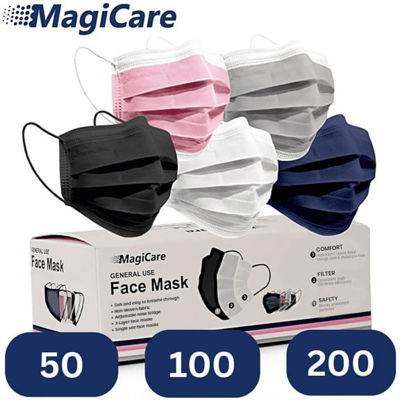 MagiCare Protective Face Masks - Breathable 3 Layers of Protection Multicolor Face Mask for Adults, 5 Colorful Mask Options in Packs of 10 - 100ct