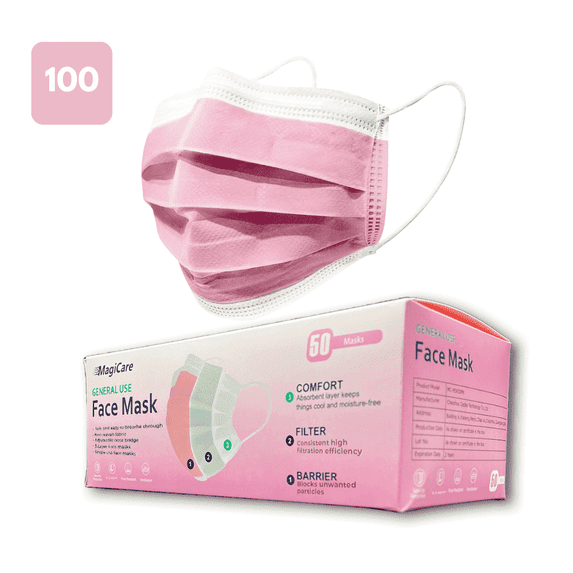 MagiCare Protective Face Masks - Breathable 3 Layers of Protection Pink Face Mask for Adults - 100 ct
