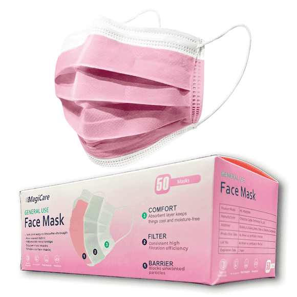 MagiCare Protective Face Masks - Breathable 3 Layers of Protection Pink Face Mask for Adults - 50ct Box