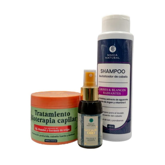 Magia Natural Kit grices y blancos Shampoo Revitalizador de cabello, Tratamiento Bioterapia Capilar y Aceite Antifrizz Gotas de Oro (3 Pack)