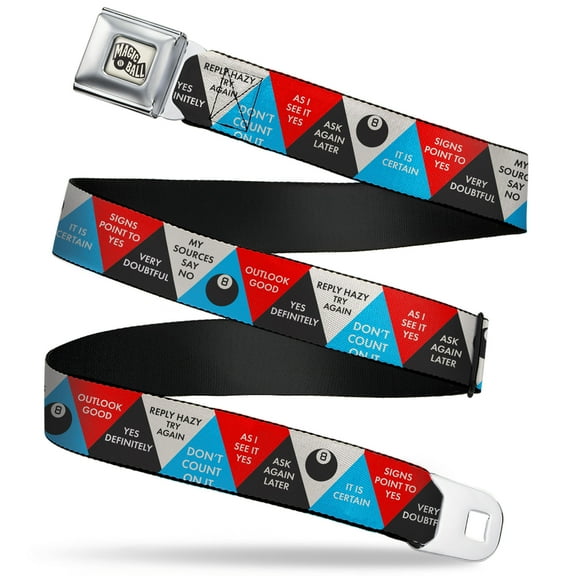Magic 8 Ball Belt, Seatbelt Buckle Belt, Magic 8 Ball Answer Triangles Black Red Blue White, 34 to 52 Inches