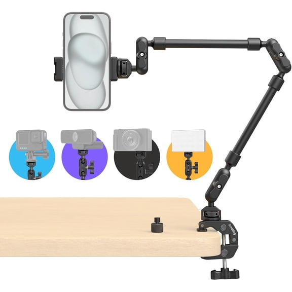 Magic Arm Clamp, Overhead Phone Mount Holder Stand, Flexible Desk Camera Mount, Articulating Friction Boom Arm, for POV Shot, Filming, Light, Webcam, Action Camera