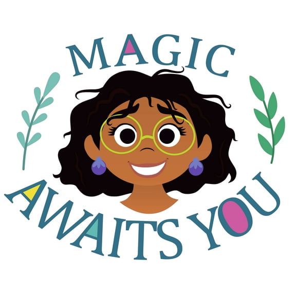Magic Awaits You with Mirabel Madrigal from the Musical Movie Encanto Artwork Design for Nursery Vinyl Wall Decal - Inspirational Quotation and Saying from Animated Feature Film with Glasses Girl fr