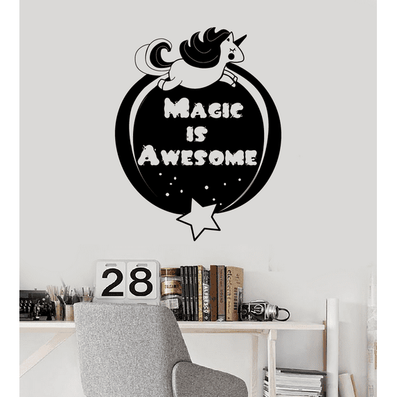Magic Is Awesome Quote Unicorn Magical Unicorns Wall Sticker Art Decal for Girls Boys Kids Room Bedroom Nursery Kindergarten House Fun Home Decor Stickers Wall Art Vinyl Decoration Size (30x40 inch)