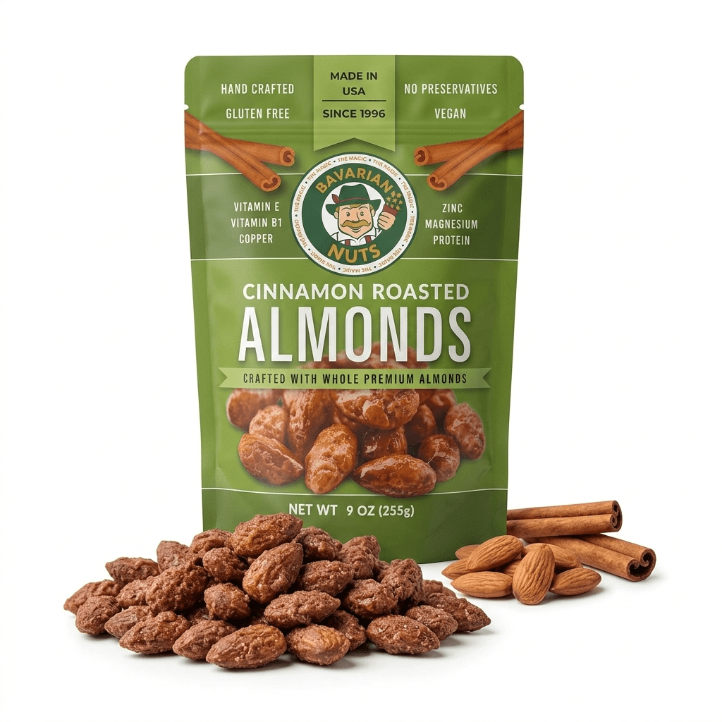 Magic Bavarian Nuts Cinnamon Roasted Almonds Sweet Roasted Vegan Gluten-Free Made in USA 9oz