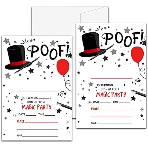 Magic Birthday Party Invitation, Magician Themed Fill-In Invites, 20 Invitations With Envelopes for Friends (4" X 6"), Magical Party Favors Decorations and Supplies -58