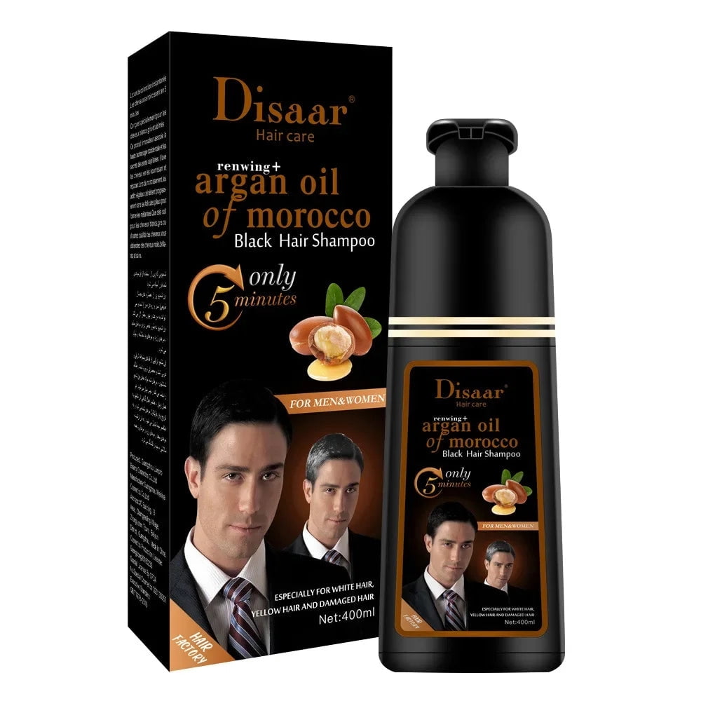Magic Black Hair Shamnpoo/Dye for Men & Women. Morocco Argan Oil or Aloe Vera Hair Care, Repair Damage, Improve Split Ends