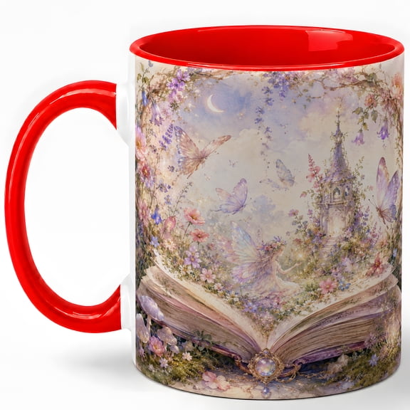 Magic Book Coffee Mug, Fairy Garden Mug for Women, Watercolor Open Book with Fairy, Flowers, Butterflies and Castle, Ceramic 11 Oz Cup